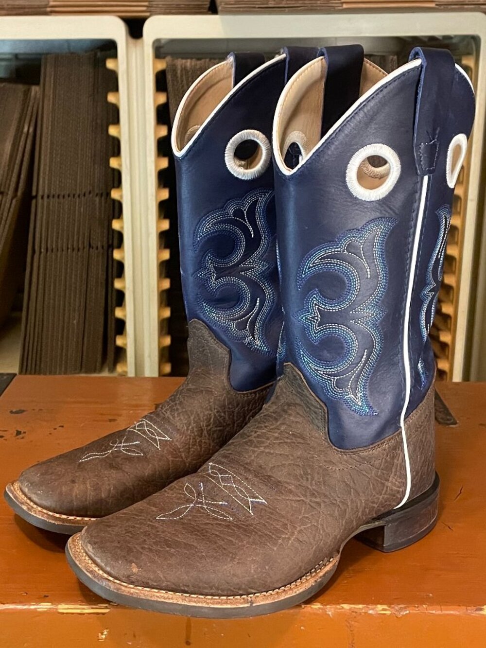OLD WEST Boys' Size 6 D Blue Brown Square Toe Western Cowboy Boots BSY1971